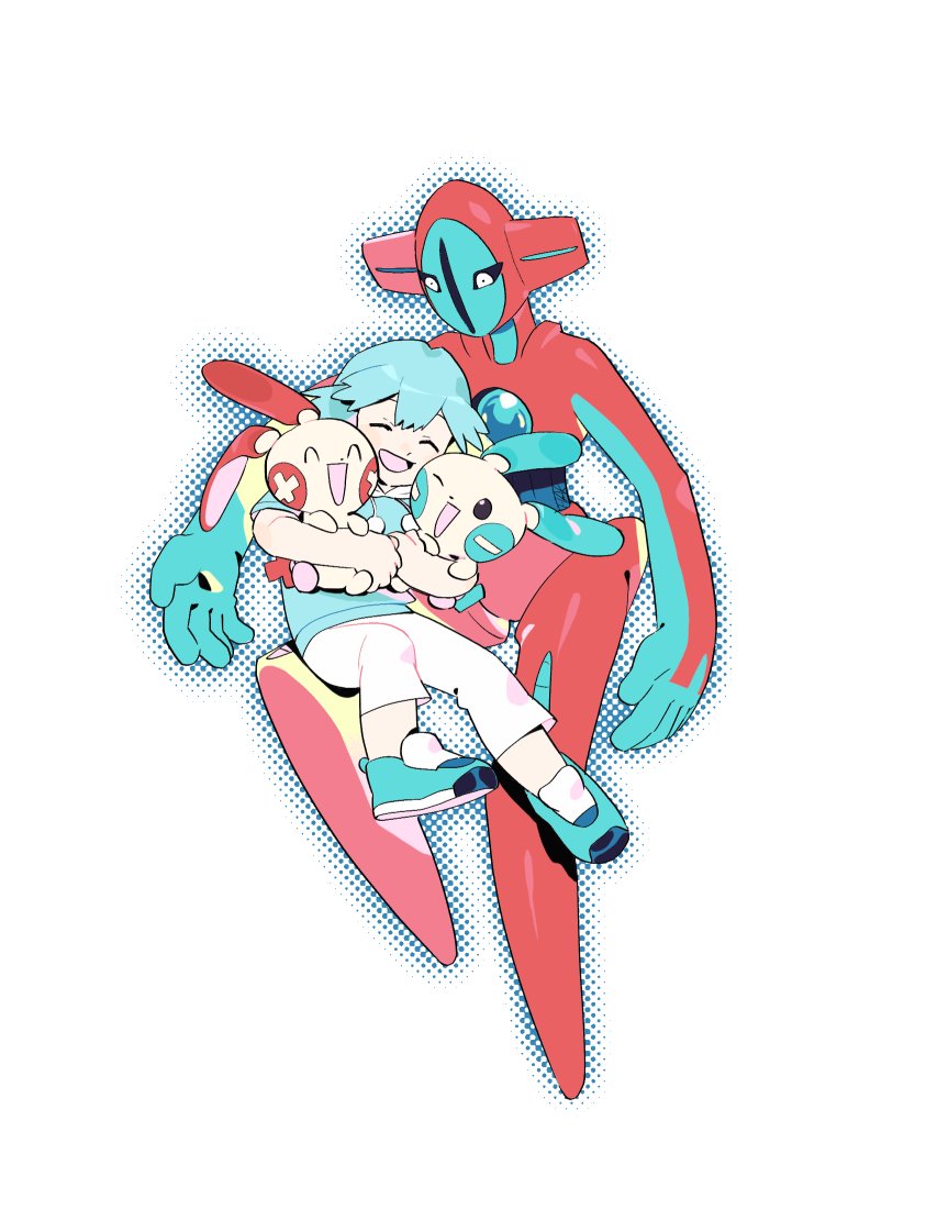 1boy :d closed_eyes commentary deoxys deoxys_(normal) gen_3_pokemon green_footwear green_shirt hak_ahl holding holding_pokemon male_focus minun mythical_pokemon nintendo open_mouth pants plusle pokemon pokemon:_destiny_deoxys pokemon_(anime) pokemon_(creature) pokemon_rse_(anime) shirt shoes short_hair short_sleeves smile tory_lund white_background white_pants