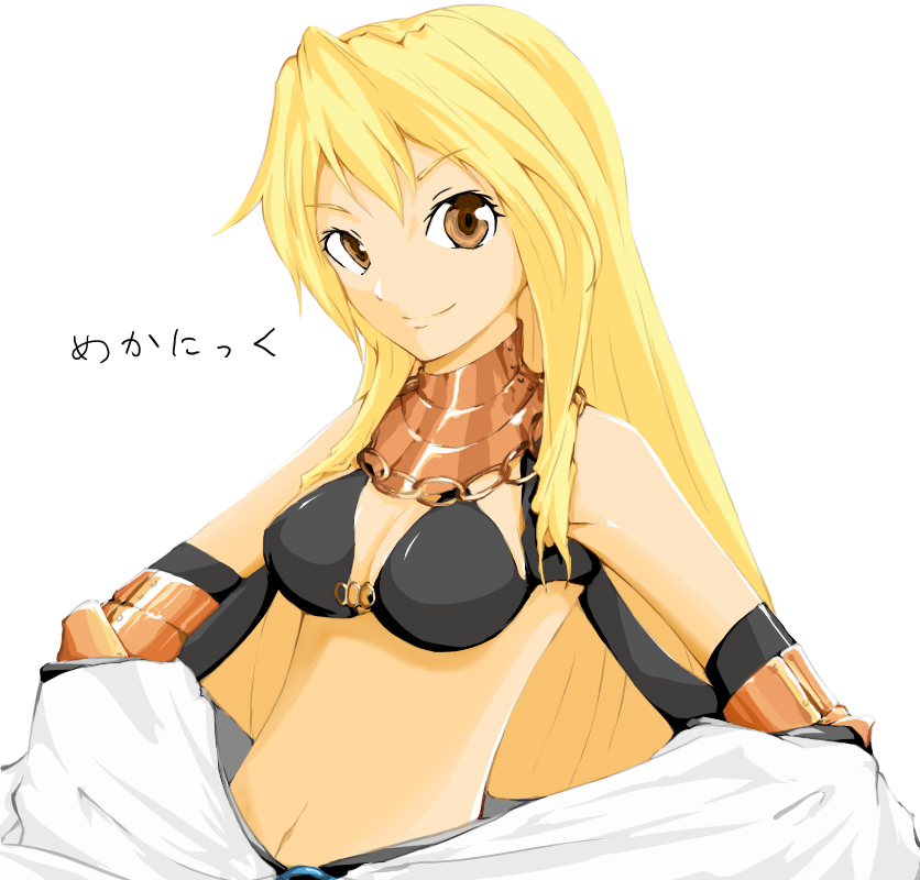 1girl bikini bikini_top_only black_bikini black_gloves blonde_hair breasts brown_eyes cleavage closed_mouth commentary_request elbow_gloves gloves long_hair looking_at_viewer maimu-noize mechanic_(ragnarok_online) medium_breasts neck_armor o-ring o-ring_top ragnarok_online simple_background smile solo swimsuit translation_request upper_body vambraces white_background