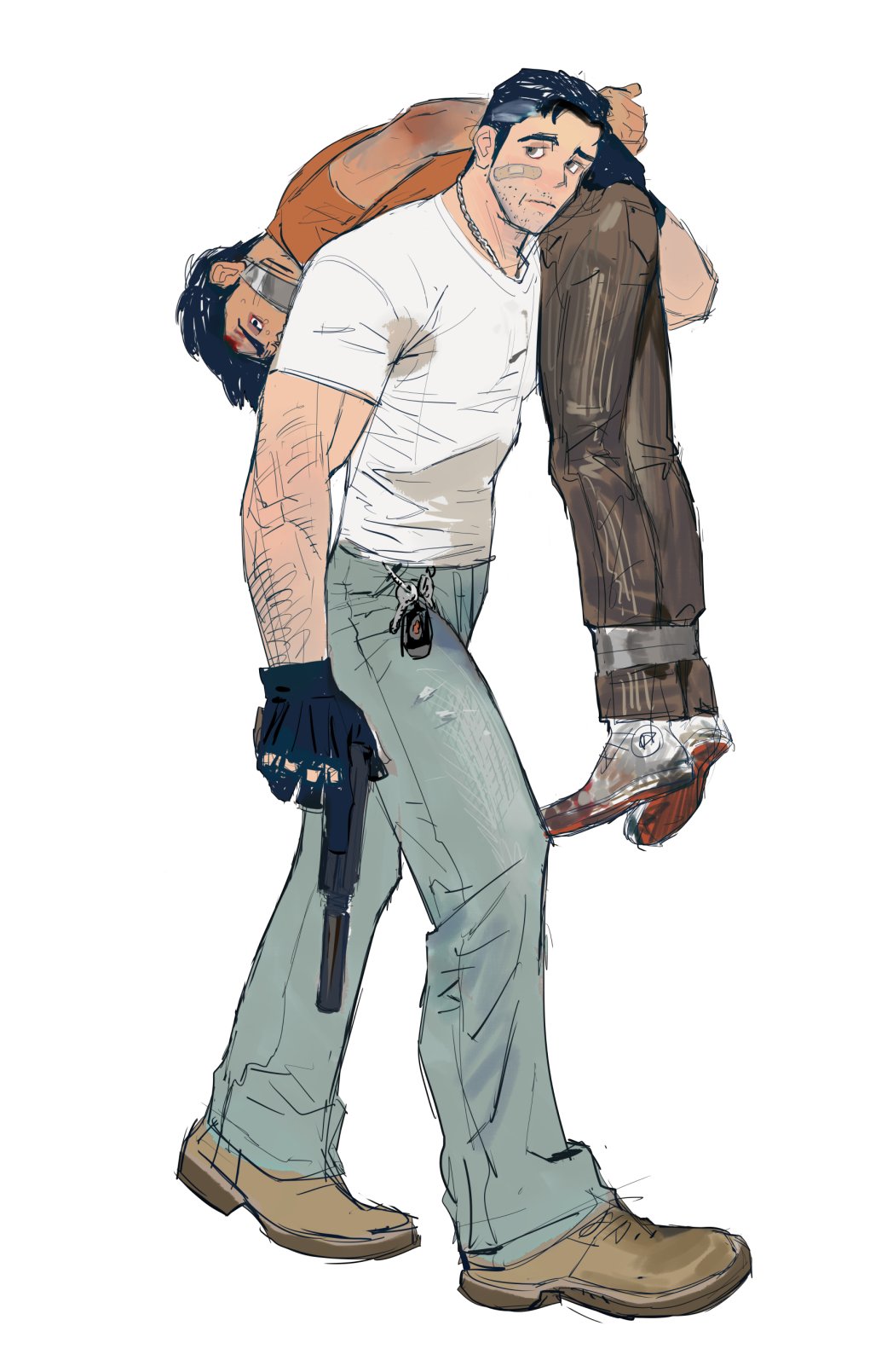 2boys arm_hair bandaid bandaid_on_cheek bandaid_on_face bara beard_stubble bruce_wayne car_keys carrying carrying_over_shoulder carrying_person chain chain_necklace character_request check_character denim facial_hair from_side gun highres holding holding_gun holding_weapon horikwawataru jeans jewelry long_sideburns looking_at_viewer male_focus multiple_boys muscular muscular_male necklace pants pectorals shirt short_hair sideburns stubble t-shirt thick_eyebrows walking weapon