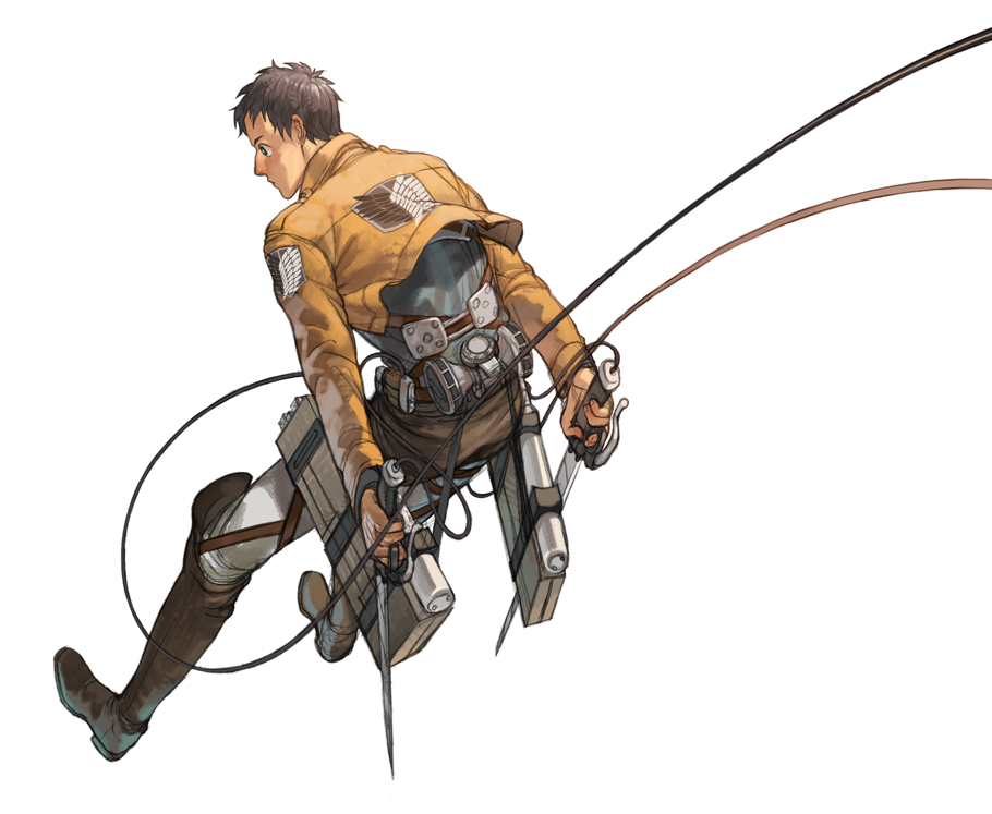 1boy bertolt_hoover blush boots from_above knee_boots looking_to_the_side male_focus midair official_style paradis_military_uniform prema-ja shingeki_no_kyojin short_hair solo three-dimensional_maneuver_gear white_background
