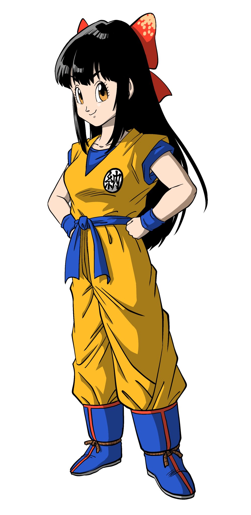 1girl black_hair blue_footwear bow breasts character_request collarbone commentary_request cosplay dougi dragon_ball hair_bow hands_on_own_hips highres indie_virtual_youtuber lee_(dragon_garou) long_hair looking_at_viewer mito_wakana simple_background small_breasts solo son_goku son_goku_(cosplay) virtual_youtuber white_background wristband