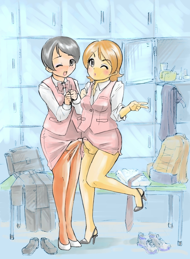 2boys blush crossdressing erection locker locker_room makeup male_focus multiple_boys nylons one_eye_closed pantyhose penis penises_touching wink