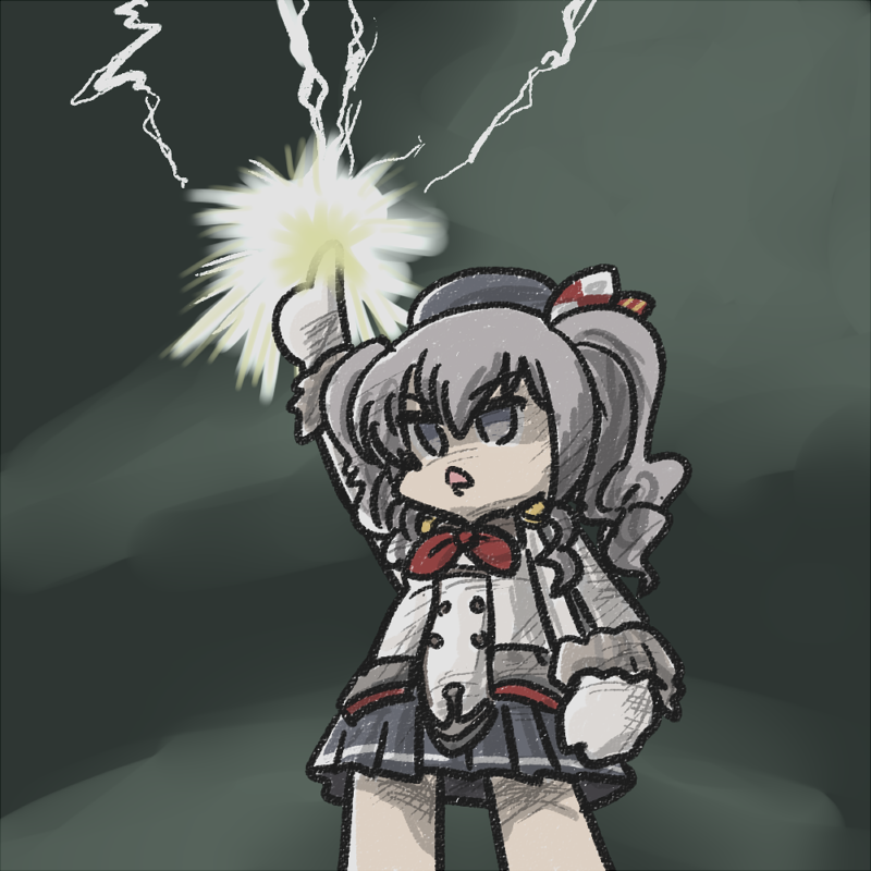 1girl beret epaulettes ferret-san gloves great_mazinger grey_eyes grey_hair grey_skirt hat index_finger_raised jacket kantai_collection kashima_(kancolle) lightning long_sleeves mazinger_(series) military_jacket miniskirt neckerchief parody pleated_skirt red_neckerchief sidelocks skirt solo twintails wavy_hair white_gloves white_jacket