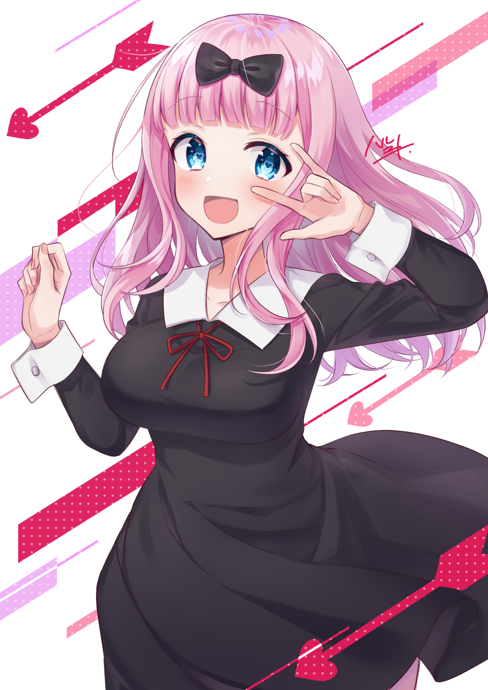 1girl :d \n/ arm_up arrow_(projectile) black_bow black_dress blue_eyes blunt_bangs blush bow breasts chikattochikachika_(kaguya-sama_wa_kokurasetai) commentary_request cowboy_shot dress female_focus fingernails fujiwara_chika hair_bow haruyuki_14 heart heart-shaped_pupils highres impossible_clothes impossible_dress kaguya-sama_wa_kokurasetai_~tensai-tachi_no_renai_zunousen~ large_breasts long_hair long_sleeves nail_polish open_mouth pink_hair pink_nails polka_dot red_ribbon ribbon school_uniform shuuchiin_academy_school_uniform signature smile solo symbol-shaped_pupils