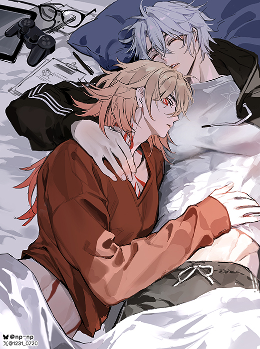2boys antenna_hair bed black_jacket black_pants blonde_hair bluesky_username chest_tattoo clipboard closed_eyes clothes_lift compression_shirt controller covered_abs cuddling facial_tattoo game_controller glasses gradient_hair hand_on_another&#039;s_shoulder hand_on_another&#039;s_stomach honkai:_star_rail honkai_(series) hug jacket long_hair long_sleeves lying male_focus multicolored_hair multiple_boys mydei_(honkai:_star_rail) neck_tattoo np_(1231_0720) on_back on_bed pants pen phainon_(honkai:_star_rail) red_hair red_sweater shirt shirt_lift short_hair sleeping sun_print sweater tablet_pc tattoo toned toned_male twitter_username white_hair white_shirt yaoi