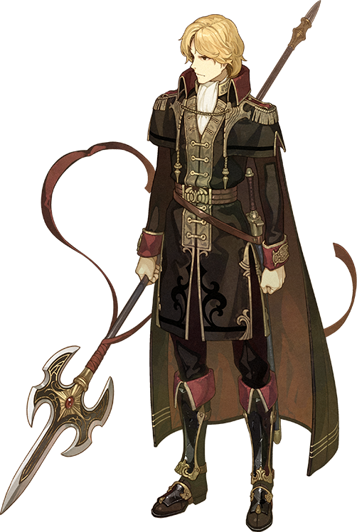 1boy blonde_hair boots brown_eyes camus_(fire_emblem) cape epaulettes fire_emblem fire_emblem_echoes:_shadows_of_valentia full_body hidari_(left_side) male_focus nintendo official_art polearm solo spear transparent_background weapon