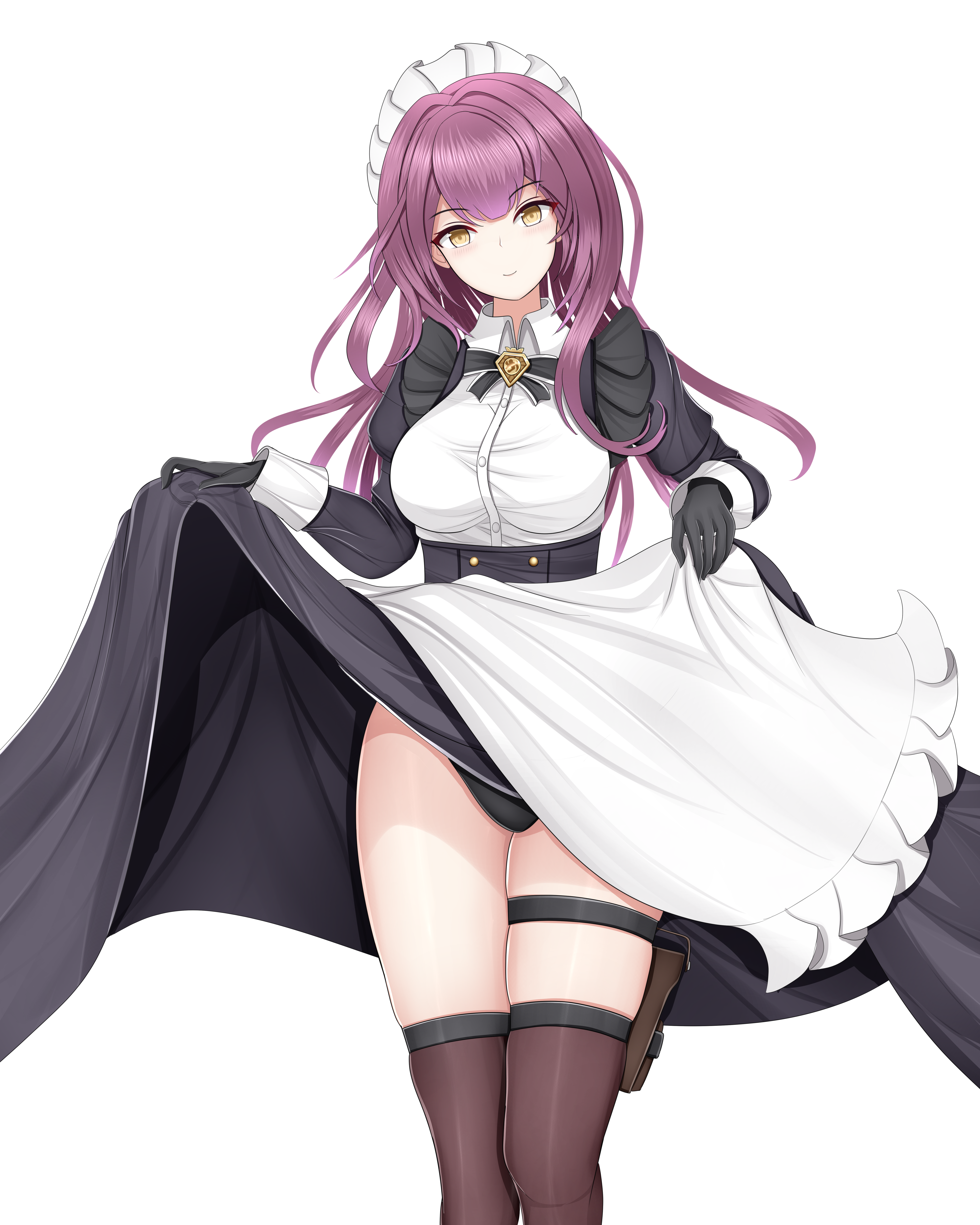 1girl absurdres azur_lane black_dress black_gloves black_panties black_thighhighs blush breasts clothes_lift cowboy_shot devonshire_(azur_lane) dress framed_breasts genius_1237to gloves gradient_background highres holster large_breasts lifting_own_clothes long_hair long_sleeves looking_at_viewer maid maid_headdress panties purple_hair skirt skirt_lift thigh_holster thighhighs underwear white_background yellow_background yellow_eyes