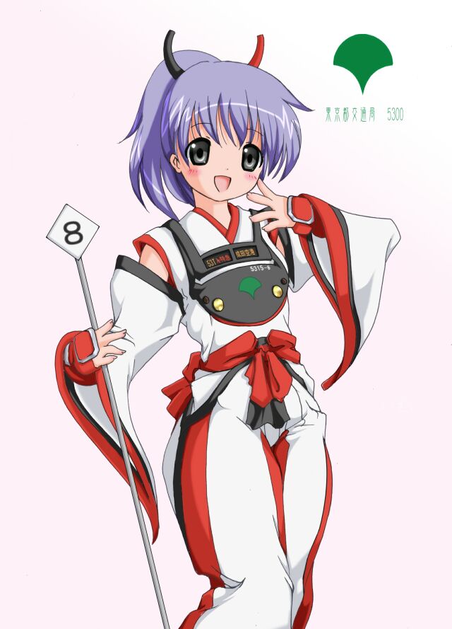 1girl 2000s_(style) :d archived_source ashita_yaru blush commentary_request detached_sleeves fingernails gradient_background grey_eyes holding holding_sign light_purple_hair long_sleeves open_mouth original pants personification ponytail road_sign short_hair sign smile solo standing white_pants white_sleeves wide_sleeves