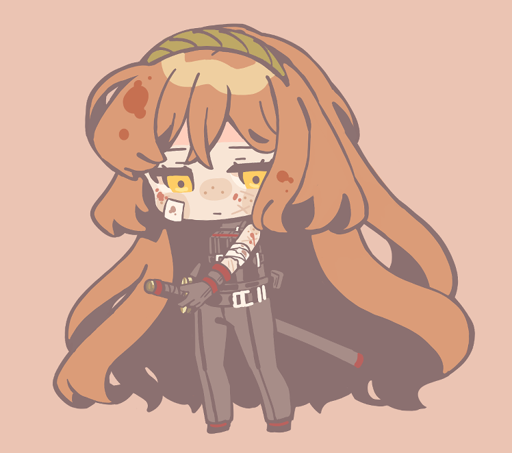 1girl bandaged_arm bandages bandaid bandaid_on_face black_gloves black_pants black_shirt chibi freckles gloves holding holding_sword holding_weapon hoshizuki_sakusa ishmael_(project_moon) limbus_company long_hair looking_at_viewer orange_hair pants pink_background project_moon shi_association_south_uniform shirt sidelocks simple_background sleeveless sleeveless_shirt solo sword very_long_hair weapon yellow_eyes
