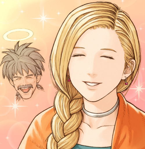 1boy 1girl bianca_(dq5) black_hair blonde_hair braid braided_ponytail closed_eyes collarbone commentary_request dragon_quest dragon_quest_v earrings facial_hair fuji_(d38635s10) hair_over_shoulder halo jewelry mustache neck_ring papas sparkle_background