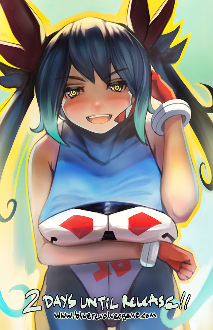 1girl @_@ adjusting_hair blue_hair blue_revolver blush bodysuit bow breast_hold breasts comic-z countdown female_focus gloves hair_bow headgear ira_(blue_revolver) long_hair looking_at_viewer official_art open_mouth outline promotional_art red_gloves sleeveless smile solo twintails very_long_hair yellow_eyes