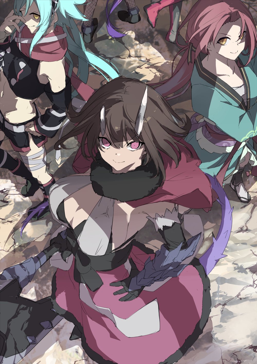 5girls anna_(princess_connect!) black_hair breasts demon_girl demon_horns demon_tail eriko_(princess_connect!) highres horns large_breasts long_hair looking_at_viewer mitsuki_(princess_connect!) momiji_oroshi multiple_girls nanaka_(princess_connect!) princess_connect! ruka_(princess_connect!) smile tail