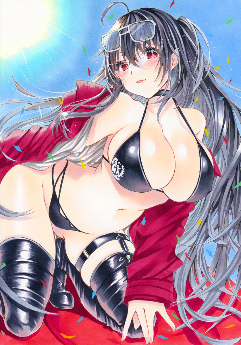 1girl azur_lane bare_shoulders bikini black_bikini black_boots black_choker black_hair black_thighhighs boots breasts choker cleavage eyewear_on_head hair_between_eyes highres huge_breasts jacket long_hair long_sleeves looking_at_viewer marker_(medium) mimi_(mini1474) official_alternate_costume race_queen red_eyes red_jacket solo swimsuit taihou_(azur_lane) taihou_(enraptured_companion)_(azur_lane) thigh_boots thighhighs traditional_media very_long_hair