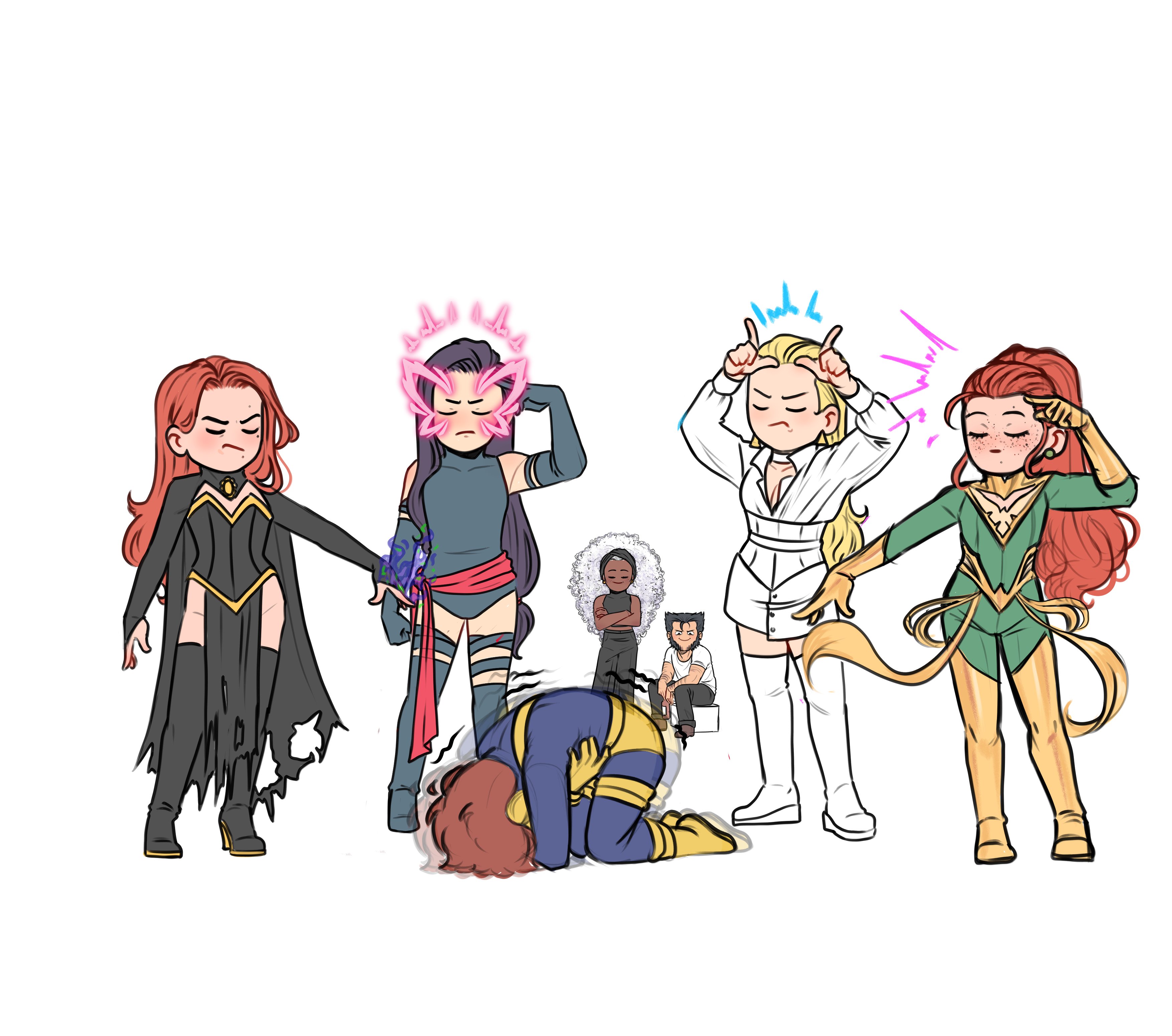 2boys absurdres belt bodysuit brown_hair chibi closed_eyes cyclops_(x-men) dark_skin dress emma_frost facial_hair gloves highres jean_grey long_hair marvel mask meme multiple_boys muscular padawan_carol phoenix_(x-men) projecting_my_period_cramps_(meme) psychic psylocke red_hair revealing_clothes sash scott_summers short_hair storm_(x-men) superhero_costume wolverine_(x-men) x-men