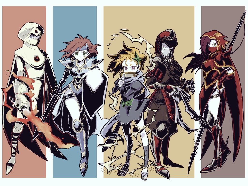 2boys 3girls armor bartz_klauser blonde_hair cape dragoon_(final_fantasy) faris_scherwiz final_fantasy final_fantasy_v galuf_halm_baldesion grandfather_and_granddaughter headband helmet katana knight_(final_fantasy) krile_mayer_baldesion_(ff5) lance lenna_charlotte_tycoon multicolored_background multiple_boys multiple_girls mystic_knight ninja_(final_fantasy) pink_hair polearm purple_hair saitou_piyoko samurai_(final_fantasy) scarf scroll shield spikes sword team turban weapon