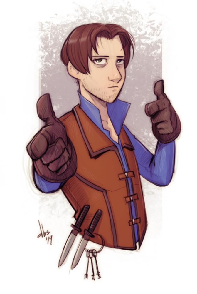 1boy beard_stubble brown_gloves brown_hair brown_vest devilhs facial_hair gloves green_eyes jim_hawkins key knife looking_at_viewer purple_shirt shirt short_hair signature solo stubble treasure_island upper_body vest