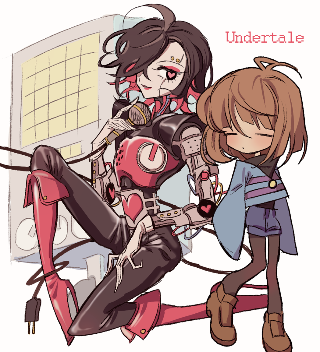 1boy 1other androgynous android black_hair black_pantyhose blue_shorts boots brown_hair cable closed_eyes closed_mouth colored_inner_hair copyright_name electric_plug expressionless frisk_(undertale) full_body gloves hair_over_one_eye heart heart-shaped_pupils holding holding_microphone knee_boots knee_up long_sleeves looking_at_viewer mechanical_arms meremero mettaton mettaton_ex microphone multicolored_hair pantyhose pink_boots pink_hair pink_lips shirt short_hair shorts sitting sleeves_past_fingers sleeves_past_wrists smile standing striped_clothes striped_shirt symbol-shaped_pupils undertale white_gloves