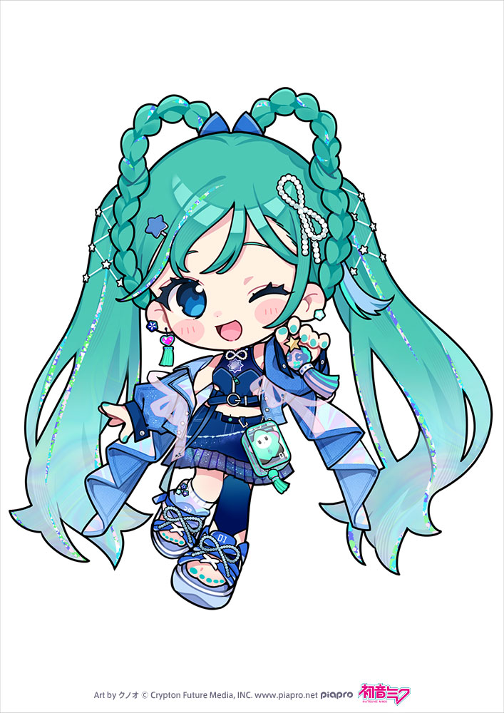 1girl ;d aqua_hair aqua_nails artist_name bag blue_eyes blue_jacket blue_shirt blue_shoes blue_skirt blue_thighhighs braid braided_hair_rings chibi commentary_request copyright_notice crop_top earrings fingernails full_body gradient_hair hair_ornament hair_rings hatsune_miku heart holding jacket jewelry jikuno logo long_hair magical_mirai_(vocaloid) magical_mirai_miku magical_mirai_miku_(2025) multicolored_hair official_art one_eye_closed open_mouth second-party_source shirt shoes simple_background single_earring single_thighhigh skirt sleeveless sleeveless_shirt smile solo star_(symbol) star_hair_ornament tassel tassel_earrings thighhighs toenails twintails very_long_hair vocaloid white_background