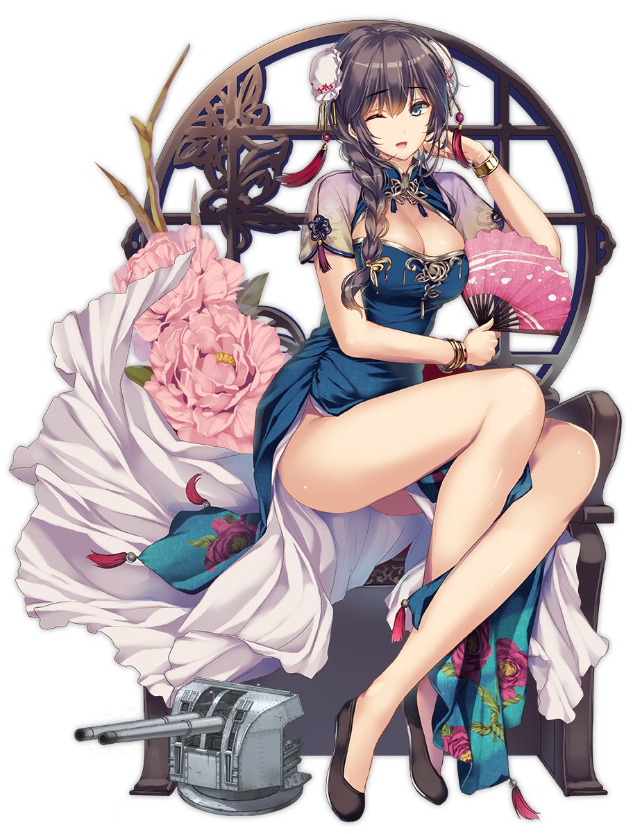 1girl alternate_costume alternate_hairstyle arm_across_waist azur_lane bangle bare_legs black_legwear blue_dress blue_eyes blush bracelet braid breasts bun_cover cannon chair china_dress chinese_clothes cleavage cleavage_cutout closed_mouth clothing_cutout crossed_ankles curacoa_(azur_lane) curacoa_(eastern_grace)_(azur_lane) double_bun dress female_focus flower folding_fan full_body gold gold_trim hair_between_eyes hair_bun hair_ornament hand_fan hand_up highres holding holding_fan jewelry large_breasts long_hair monety official_art pelvic_curtain pink_flower purple_hair shiny_skin ship_turret shoes side_braid sidelocks sitting smile solo thighs transparent_background