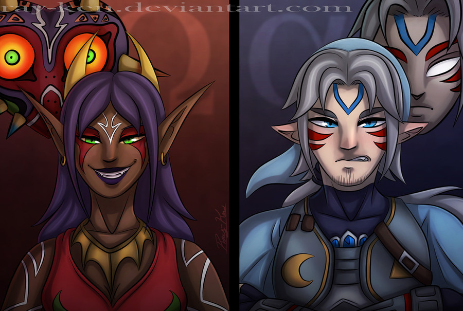 1boy 1girl alpha_symbol alternate_costume alternate_form armor bare_shoulders beard_stubble belt belt_buckle blue_eyes blue_gemstone bodysuit breasts buckle chest_jewel cleavage clenched_teeth colored_sclera commentary crescent crescent_print dark_skin dress earrings english_commentary english_text evil_grin evil_smile facial_hair facial_mark fierce_deity frown gem greek_letters greek_text green_eyes grin hat horns humanization jewelry lipstick long_hair looking_ahead looking_at_viewer looking_to_the_side majora_(entity) makeup mask medium_hair nintendo no_pupils omega_symbol orange_sclera personification pointy_ears ponytail purple_hair purple_lips ray-ken short_hair smile stubble tattoo teeth the_legend_of_zelda the_legend_of_zelda:_majora&#039;s_mask triangle triangle_print white_eyes yellow_sclera