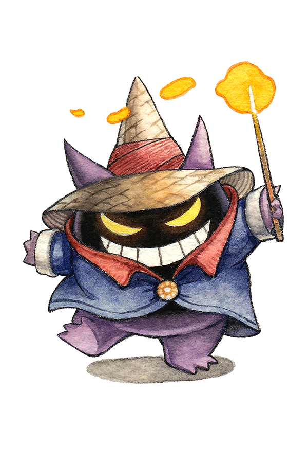 1other black_mage_(final_fantasy) blue_cloak cloak commentary conical_hat english_commentary final_fantasy gen_1_pokemon gengar glowing glowing_eyes holding holding_wand looking_at_viewer magic nintendo oliver_hamlin pokemon pokemon_(creature) smile wand white_background yellow_eyes