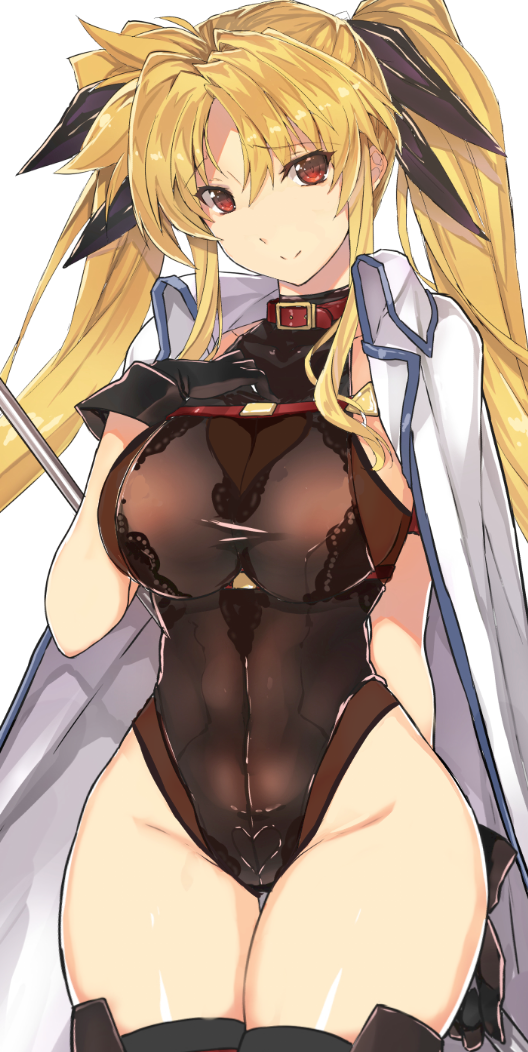 1girl adapted_costume black_gloves black_leotard black_thighhighs blonde_hair breasts cape commentary_request cowboy_shot fate_testarossa fate_testarossa_(impulse_form) fate_testarossa_(movie_1st_form) gloves hair_ribbon himukai_kyousuke large_breasts leotard long_hair lyrical_nanoha mahou_shoujo_lyrical_nanoha_strikers red_eyes ribbon see-through_clothes simple_background solo thigh_gap thighhighs twintails white_background white_cape