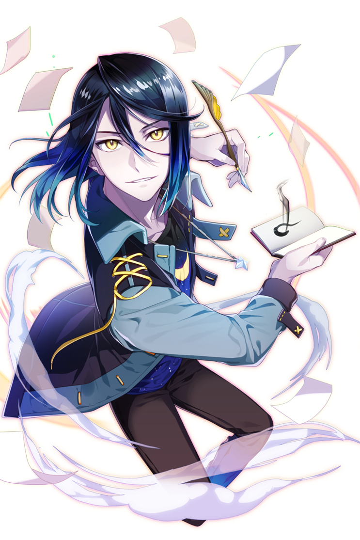 1boy black_hair black_pants blue_hair blue_shirt book gradient_hair hair_between_eyes image_sample jacket jeunese jewelry long_sleeves looking_at_viewer male_focus medium_hair multicolored_hair naver_sample necklace pants paper parted_lips quill ribbon ribbon-trimmed_clothes ribbon_trim shirt soccer_spirits solo transparent_background tuuuh yellow_eyes yellow_ribbon