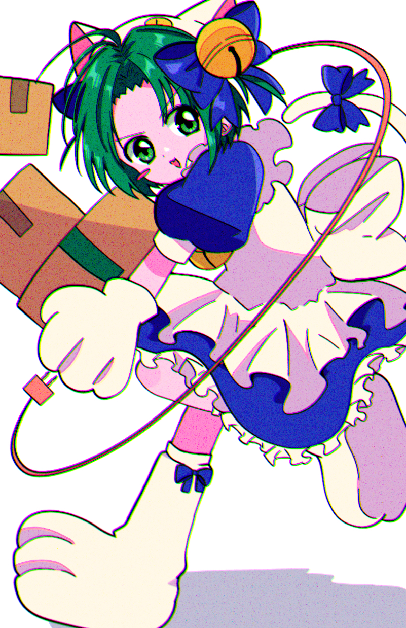 1girl animal_hat apron bell blue_dress blush_stickers box cable cat_hat chromatic_aberration commentary dejiko di_gi_charat dot_nose dress green_eyes green_hair hat highres holding holding_box jingle_bell looking_at_viewer minini_(@mofumofu_alien) mittens open_mouth puffy_short_sleeves puffy_sleeves short_hair short_sleeves simple_background solo walking white_apron white_background white_mittens