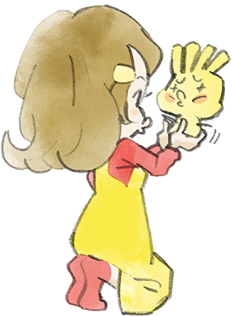 1boy 1girl 5-volt blush brown_hair creature from_behind fronk holding holding_creature kneeling long_hair lowres nintendo official_art red_footwear red_shirt shirt takeuchi_kou third-party_source warioware warioware:_get_it_together!