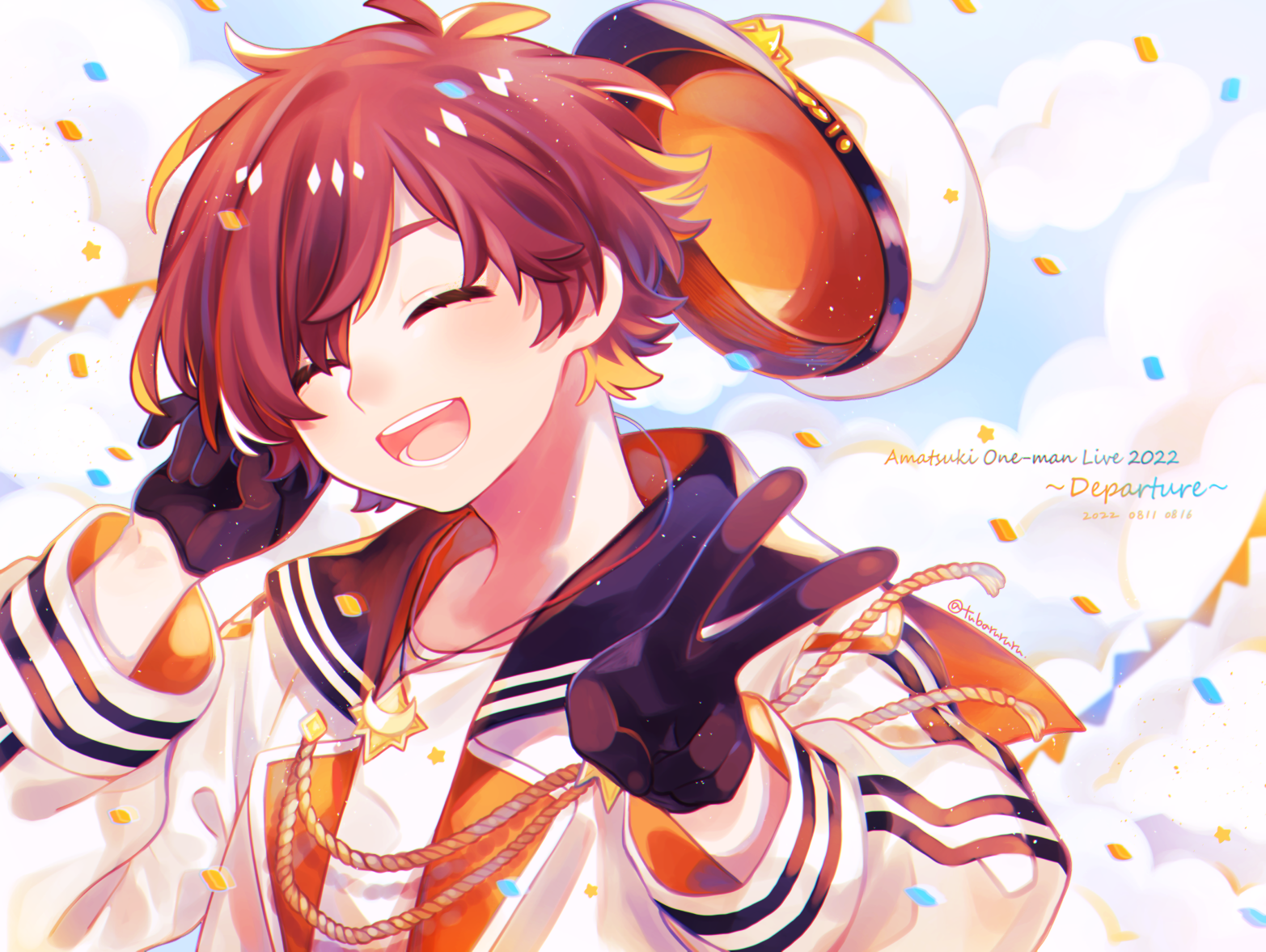 1boy amatsuki_(utaite) black_hair blonde_hair blue_sky brown_hair closed_eyes cloud colored_tips commentary_request dated hat holding holding_unworn_clothes holding_unworn_hat indie_utaite jacket jewelry looking_at_viewer male_focus multicolored_hair necklace open_mouth shirt sky smile solo string_of_flags teeth tsubaki_tsubaru unworn_hat unworn_headwear upper_body utaite v white_hat white_jacket white_shirt