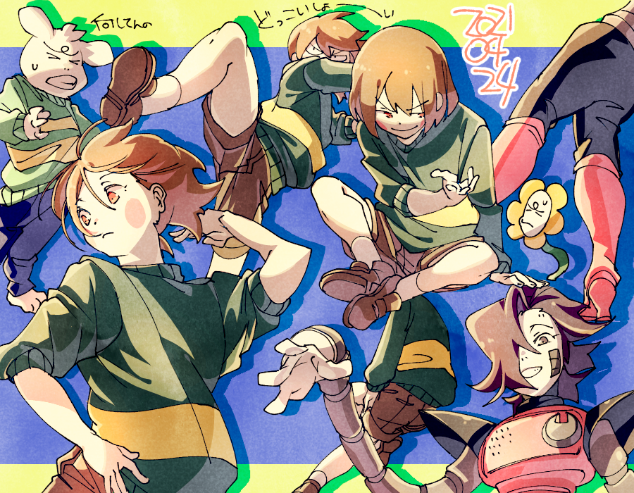 &gt;_&lt; 1other 2boys arm_support asriel_dreemurr black_hair blue_pants blush_stickers boots brown_footwear brown_hair brown_shorts closed_mouth dated drop_shadow flower flowey_(undertale) furry furry_male grin hair_over_one_eye high_heel_boots high_heels kicking kuga_hotaru long_sleeves looking_to_the_side mechanical_arms mettaton mettaton_ex multiple_boys multiple_views pants pink_boots short_hair shorts sitting smile socks translation_request undertale white_socks