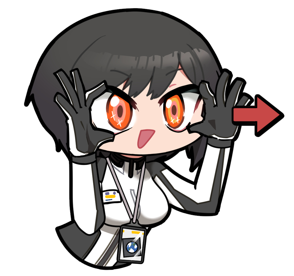 1girl :d artist_request black_hair bodysuit check_artist chibi chibi_only chinese_commentary girls&#039;_frontline girls&#039;_frontline_neural_cloud holding_own_eyes madcore official_art open_mouth red_eyes second-party_source smile solo xinghuan_(neural_cloud)