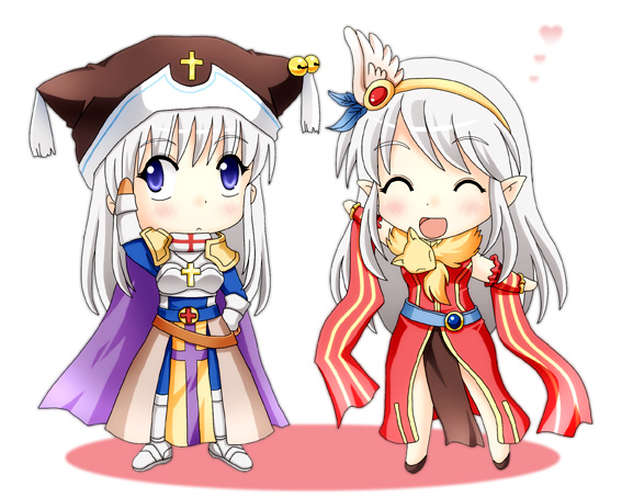 2girls :d animal animal_around_neck armor armored_boots belt blue_belt blue_pants blue_shirt boots breastplate brown_hat brown_skirt cape chibi chibi_only closed_eyes closed_mouth commentary_request crusader_(ragnarok_online) detached_sleeves dress fox full_body grey_hair hairband hat long_hair meruya_(catcan) multiple_girls noah_hat_(ragnarok_online) open_mouth pants pauldrons pelvic_curtain pointy_ears professor_(ragnarok_online) purple_cape purple_eyes ragnarok_online red_dress red_sleeves shirt shoulder_armor simple_background skirt sleeveless sleeveless_dress smile striped_sleeves white_background yellow_hairband yellow_sleeves