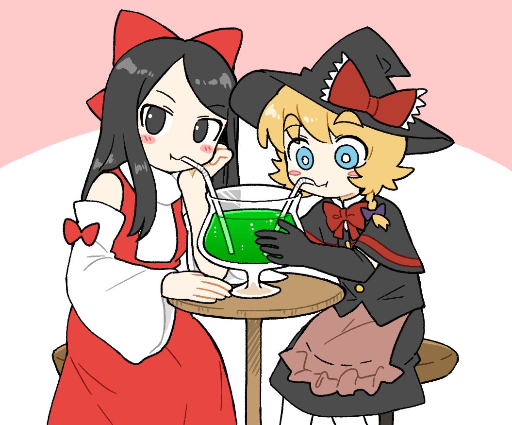 2girls apron black_capelet black_eyes black_gloves black_hair black_hat black_shirt black_skirt blonde_hair blue_eyes blush bow bowtie braid bright_pupils brown_apron bseibutsu capelet closed_mouth commentary_request cookie_(touhou) cowboy_shot cup detached_sleeves drinking_straw drinking_straw_in_mouth elbow_gloves gloves hair_bow hakurei_reimu hand_on_own_cheek hand_on_own_face hat hat_bow kirisame_marisa long_hair looking_at_viewer meguru_(cookie) multiple_girls pink_background red_bow red_bowtie red_shirt red_skirt redrawn scarf shared_drink shiromiya_rei shirt short_hair side_braid single_braid skirt skirt_set sleeve_bow sleeveless sleeveless_shirt smile stool table touhou two-tone_background waist_apron white_background white_pupils white_scarf white_sleeves witch_hat