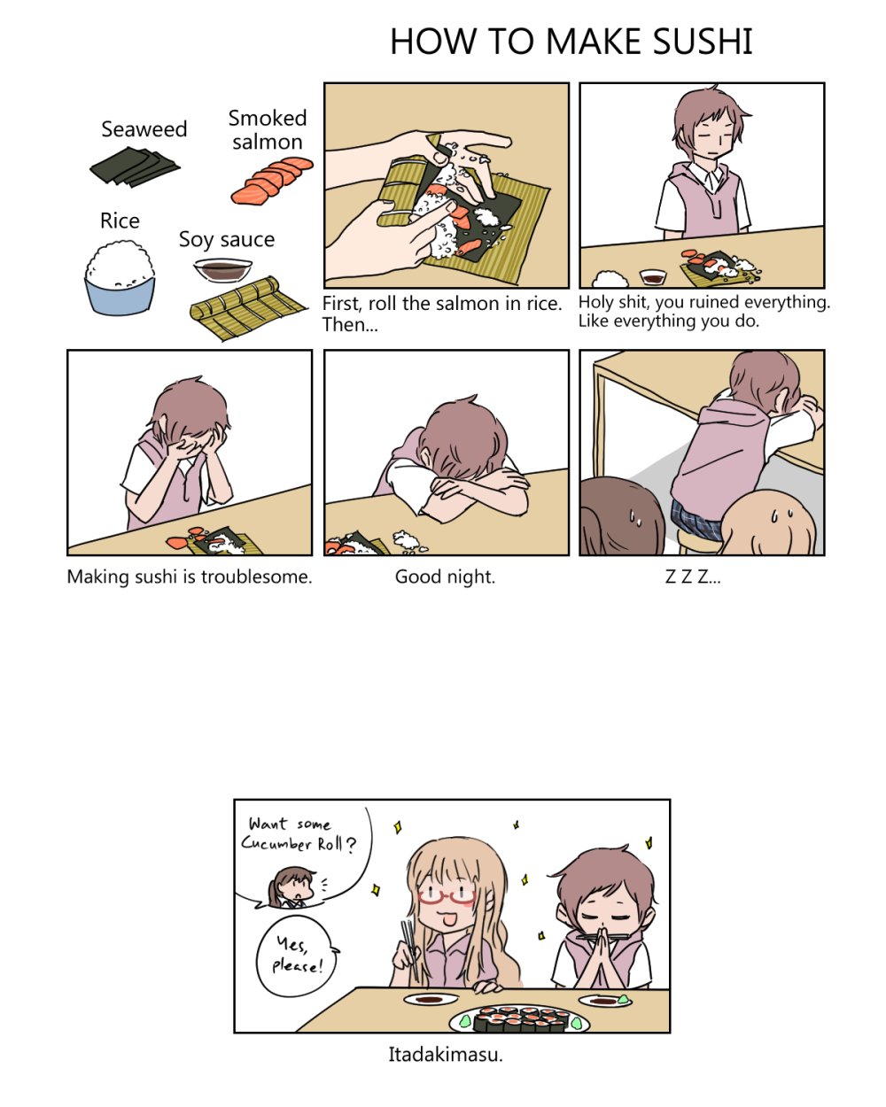 3girls ano_fuji arms_up bowl chopsticks closed_eyes comic crossed_arms english_text fish food from_above from_behind glasses head_down highres how_to_make_sushi_(meme) leaning_forward left-to-right_manga makisu makizushi mamezara meme miyama_nena mukiki multiple_girls okujou_no_yurirei-san open_mouth parody plate red-framed_eyewear rice school_uniform seaweed short_hair simple_background skirt sleeping smile soy_sauce sparkle sushi sweater_vest table text_focus toomi_yuna upper_body white_background yuri