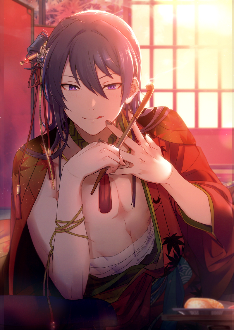 1boy architecture arm_support backlighting beads bishounen black_nails blue_sash blurry bracelet cigarette_holder colored_flower_cards_(ensemble_stars!) cowboy_shot crescent depth_of_field east_asian_architecture ensemble_stars! eyeshadow folding_screen food gold_bracelet hair_between_eyes hair_bun hair_intakes hair_ornament hair_ribbon half_updo hand_on_own_chin hands_up indoors japanese_clothes jewelry kanzaki_souma kanzashi kimono leaf_print light_particles light_rays looking_at_viewer makeup maple_leaf_print midriff_sarashi navel neck_tassel obi official_alternate_costume official_alternate_hairstyle open_clothes open_kimono pectorals plate purple_eyes purple_hair red_eyeshadow red_kimono red_ribbon ribbon sarashi sash sidelocks single_hair_bun smile solo sumomoi_(dvcat) sushi table tongue tongue_out wide_sleeves window
