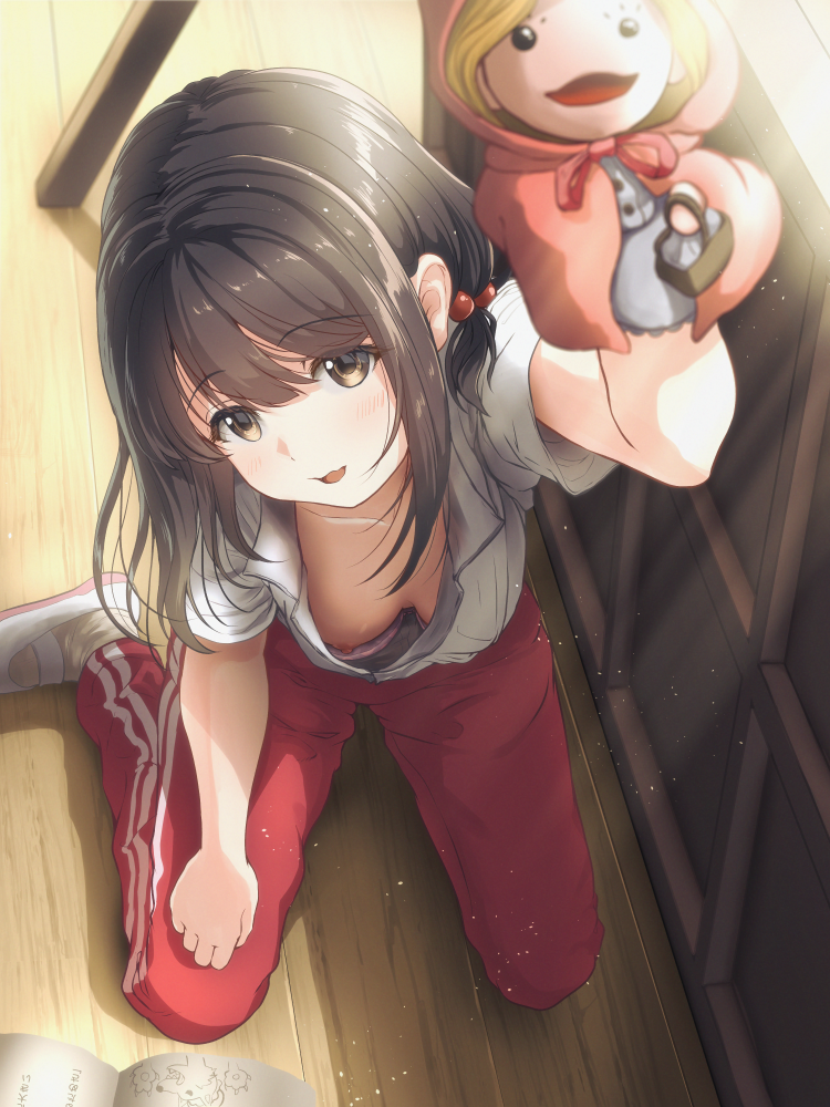 1girl book breasts brown_eyes brown_hair doll downblouse fang female_focus from_above hair_between_eyes hair_bobbles hair_ornament holding holding_doll light_blush looking_at_viewer medium_breasts nippels on_floor open_mouth original sitting skin_fang solo tachiinu tagme wooden_floor