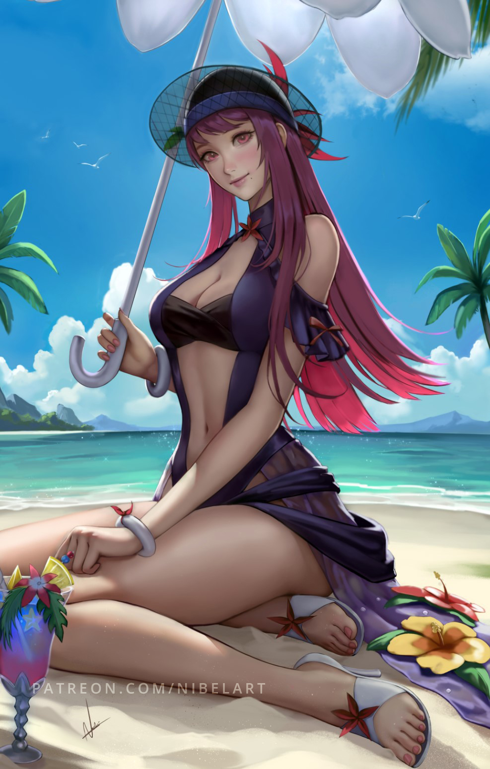 1girl beach blue_one-piece_swimsuit breasts casual_one-piece_swimsuit cleavage clothing_cutout dress_swimsuit fire_emblem fire_emblem_engage fire_emblem_heroes flower flower_umbrella hat hat_flower highres ivy_(fire_emblem) ivy_(summer)_(fire_emblem) long_hair looking_at_viewer medium_breasts nibelart nintendo ocean official_alternate_costume one-piece_swimsuit outdoors sand see-through_clothes see-through_headwear smile stomach_cutout sun_hat swimsuit tropical_drink umbrella umbrella_flower