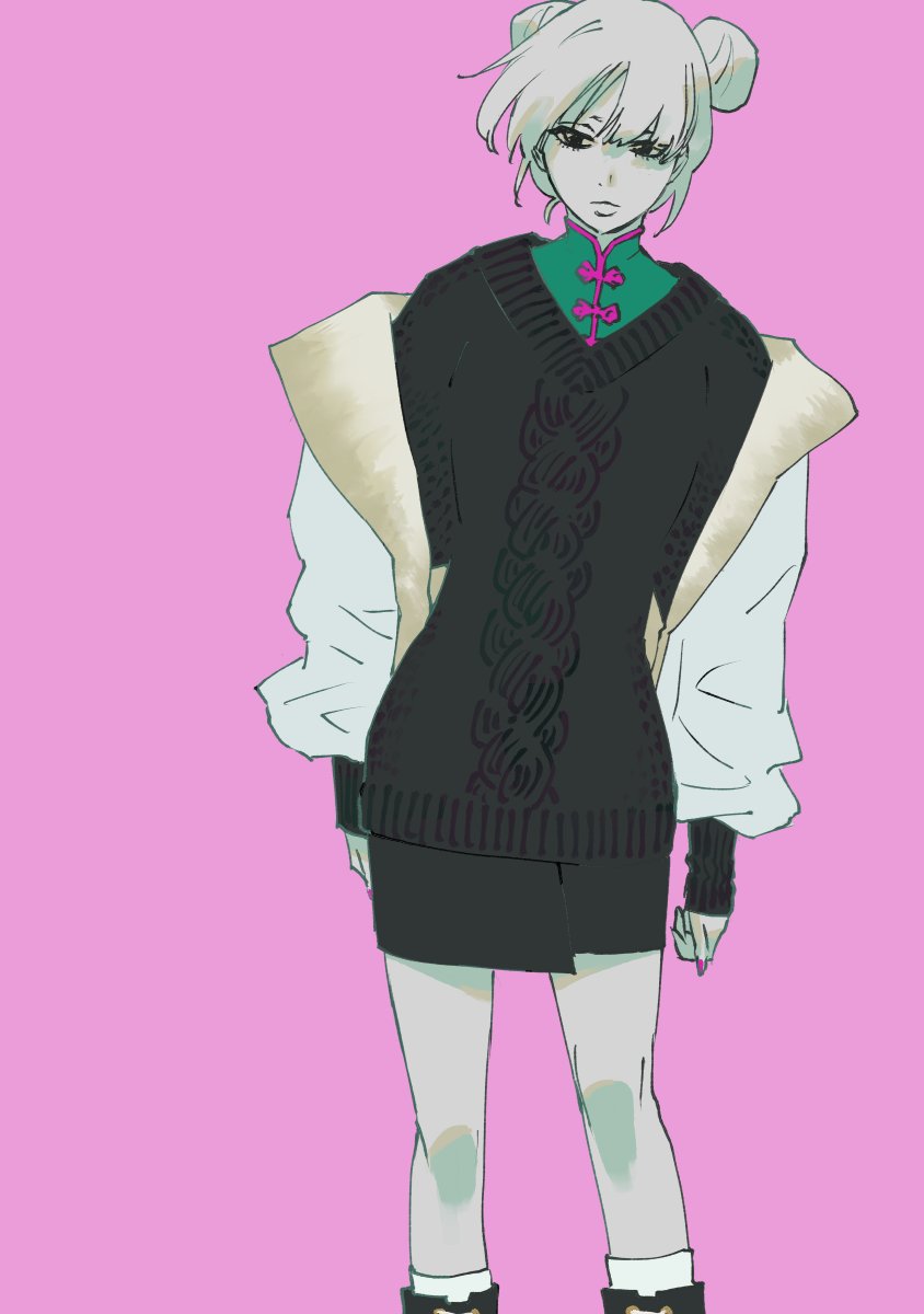 1girl black_sweater bleach bleach:_sennen_kessen-hen china_dress chinese_clothes double_bun dress hair_bun highres jacket kubo_tite kurotsuchi_nemu off_shoulder pink_nails short_hair solo sweater white_jacket