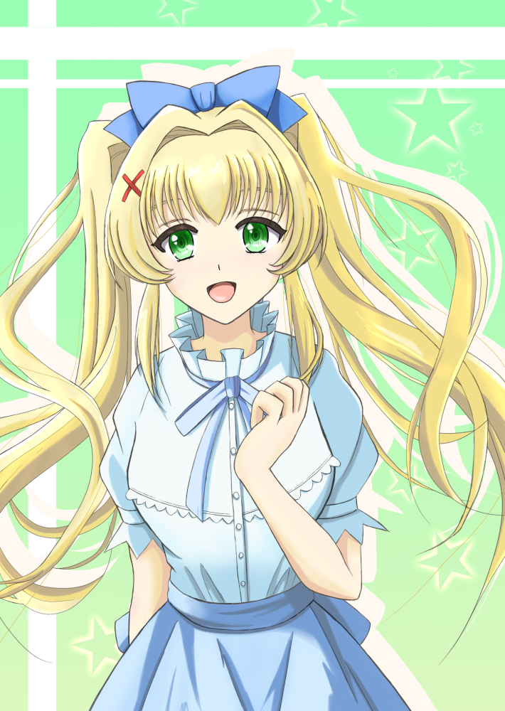 1girl :d blonde_hair blue_bow blue_bowtie blue_skirt bow bowtie clenched_hand commentary_request drop_shadow floating_hair green_background green_eyes hair_between_eyes hair_bow hair_intakes hair_ornament hand_up happy high-waist_skirt long_hair looking_at_viewer naruse_tomoya open_mouth puffy_short_sleeves puffy_sleeves ringed_eyes shirt short_sleeves sidelocks simple_background skirt smile solo star_(symbol) summer_pockets tsumugi_wenders twintails very_long_hair white_shirt x_hair_ornament
