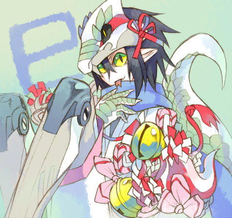 1boy bell black_hair blue_scarf chinese_zodiac claws commentary_request forked_tongue green_eyes green_scales hand_on_own_chest japanese_clothes ketaru kimono looking_at_viewer lowres male_focus mask mask_on_head mechanical_legs monster_boy new_year original pointy_ears scarf sitting slit_pupils snake_boy snake_mask snake_tail solo tail tongue tongue_out translated white_kimono year_of_the_snake