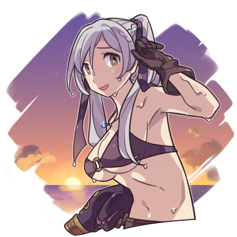 1girl armpits bikini breasts brown_eyes brown_gloves cleavage coat female_robin_(fire_emblem) fire_emblem fire_emblem_awakening fire_emblem_heroes gloves grey_hair haconeri hair_between_eyes holding holding_coat holding_unworn_clothes jewelry long_hair looking_at_viewer navel necklace nintendo o-ring o-ring_top official_alternate_costume open_mouth female_robin_(seaside_tactician)_(fire_emblem) solo sunset swimsuit twintails unworn_coat wet