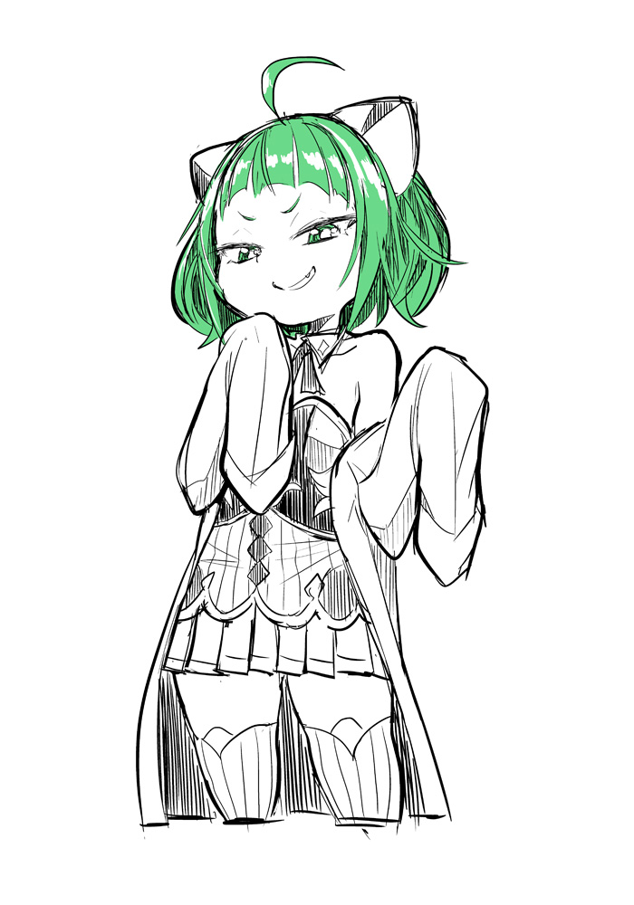 1girl ahoge bare_shoulders blunt_bangs commentary_request cowboy_shot cropped_legs dress fang green_eyes green_hair hands_up ken_(koala) lab_coat long_sleeves looking_at_viewer magia_record:_mahou_shoujo_madoka_magica_gaiden magical_girl mahou_shoujo_madoka_magica miyako_hinano open_mouth partially_colored short_hair simple_background sleeves_past_fingers sleeves_past_wrists smile smug solo standing thighhighs white_background