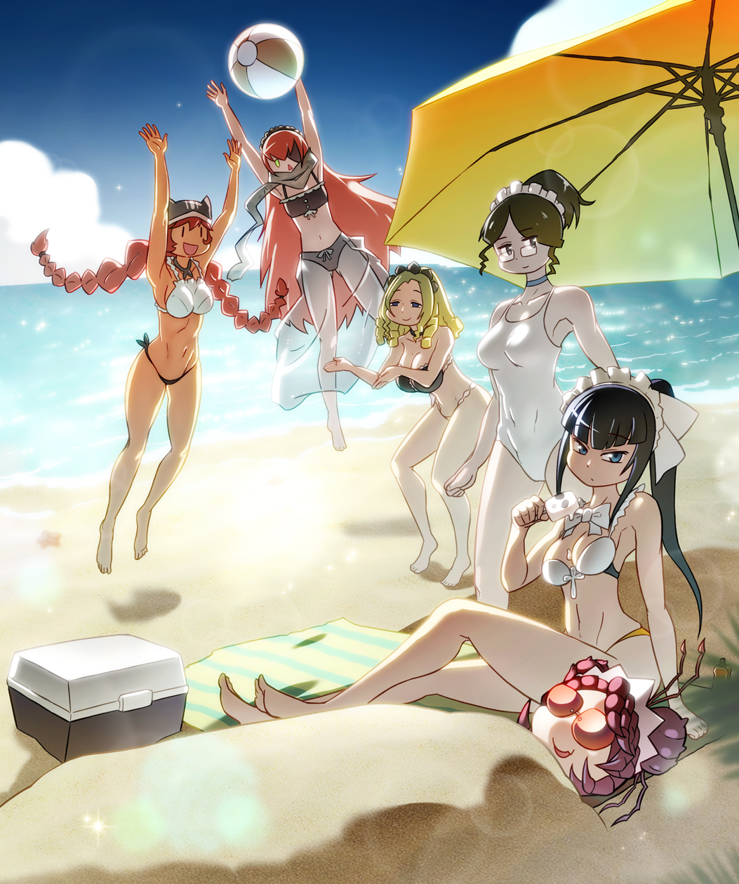 6+girls antennae ball bare_shoulders beach beach_towel beach_umbrella beachball bikini black_hair blonde_hair blue_eyes braid breasts cleavage cz2128_delta dark-skinned_female dark_skin entoma_vasilissa_zeta eyepatch glasses green_eyes highres lupusregina_beta maid_headdress multiple_girls narberal_gamma open_mouth overlord_(maruyama) pink_hair red_hair solution_epsilon swimsuit towel twin_braids umbrella xin_yu_hua_yin yuri_alpha