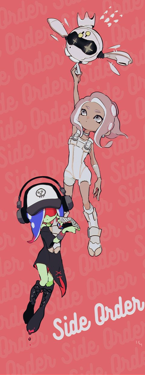 2girls agent_8_(splatoon) bandaged_arm bandages baseball_cap black_dress black_footwear blue_hair bodysuit boots bracelet colored_skin copyright_name dark-skinned_female dark_skin dedf1sh dress drone earrings gradient_hair gradient_skin green_skin grey_eyes hair_over_one_eye hat headphones headphones_over_headwear highres imaikuy0 jewelry knee_boots lace-up_boots long_hair multicolored_hair multicolored_skin multiple_girls neck_ring nintendo octoling octoling_girl octoling_player_character pearl_(splatoon) pearl_drone_(splatoon) pink_background pink_hair red-tinted_eyewear red_hair red_skin sanitized_(splatoon) short_sleeves side_slit single_earring splatoon_(series) splatoon_3 splatoon_3:_side_order sunglasses tentacle_hair tinted_eyewear two-tone_hair two-tone_skin white_bodysuit