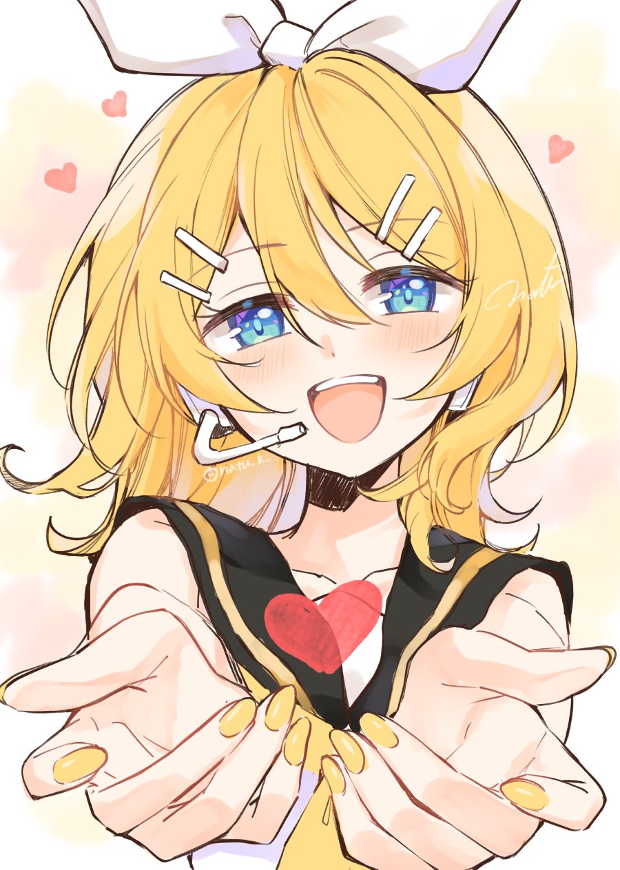 1girl blonde_hair blue_eyes blush bow commentary_request hair_bow hair_ornament hairclip hazuki_natsu headphones headset heart highres kagamine_rin long_hair looking_at_viewer nail_polish open_mouth outstretched_arms sailor_collar smile solo upper_body vocaloid