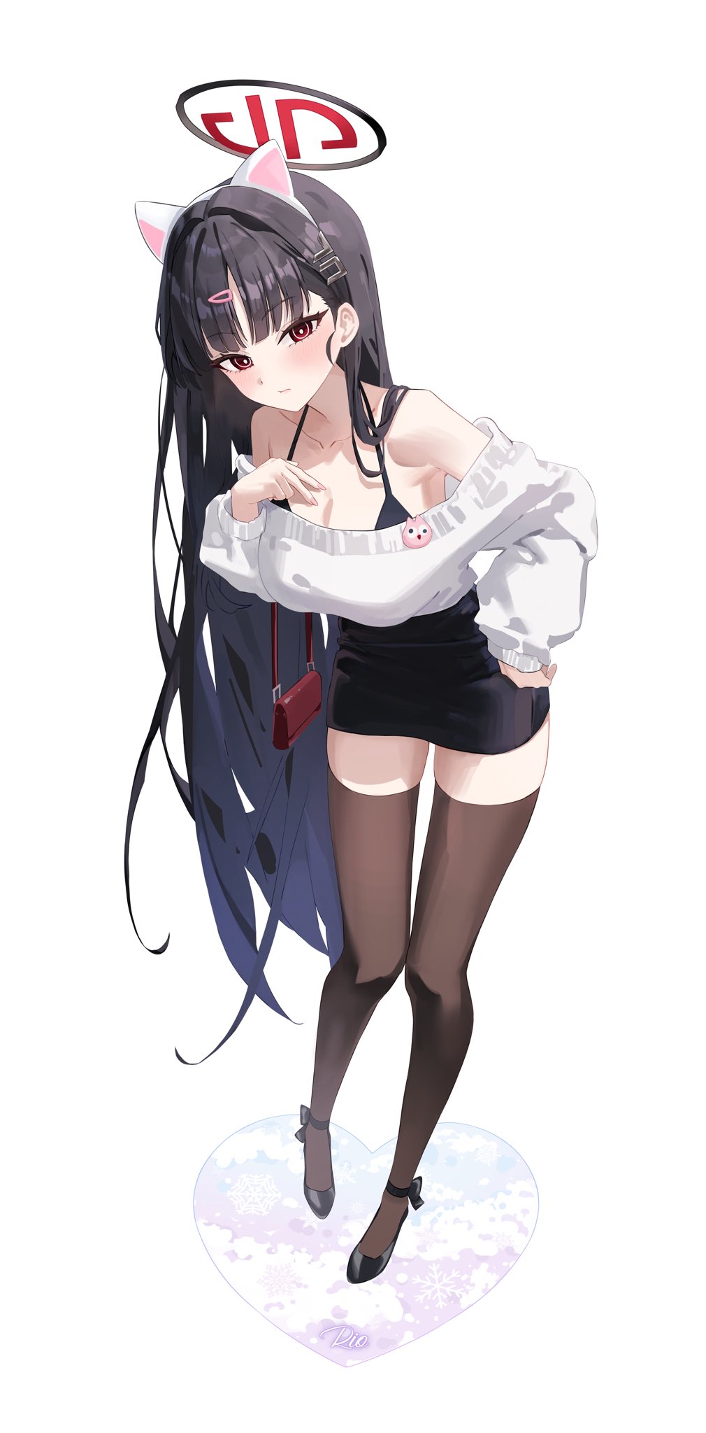 1girl alternate_costume animal_ears badge bag baggy_clothes bare_shoulders black_bra black_footwear black_hair black_halo black_skirt black_thighhighs blue_archive blunt_bangs blush bra breasts bright_pupils brown_bag button_badge casual cat_ears cleavage closed_mouth collarbone dot_nose fake_animal_ears full_body hair_behind_ear hair_intakes hair_ornament hair_over_shoulder hairclip hairpin halo halterneck hand_on_own_chest hand_on_own_hip handbag hido88 highres large_breasts leaning_forward light_blush long_hair long_sleeves looking_at_viewer miniskirt off-shoulder_sweater off_shoulder parted_bangs red_eyes red_halo rio_(blue_archive) shoulder_bag simple_background skirt solo spaghetti_strap straight_hair sweat sweater thighhighs underwear very_long_hair white_background white_pupils white_sweater