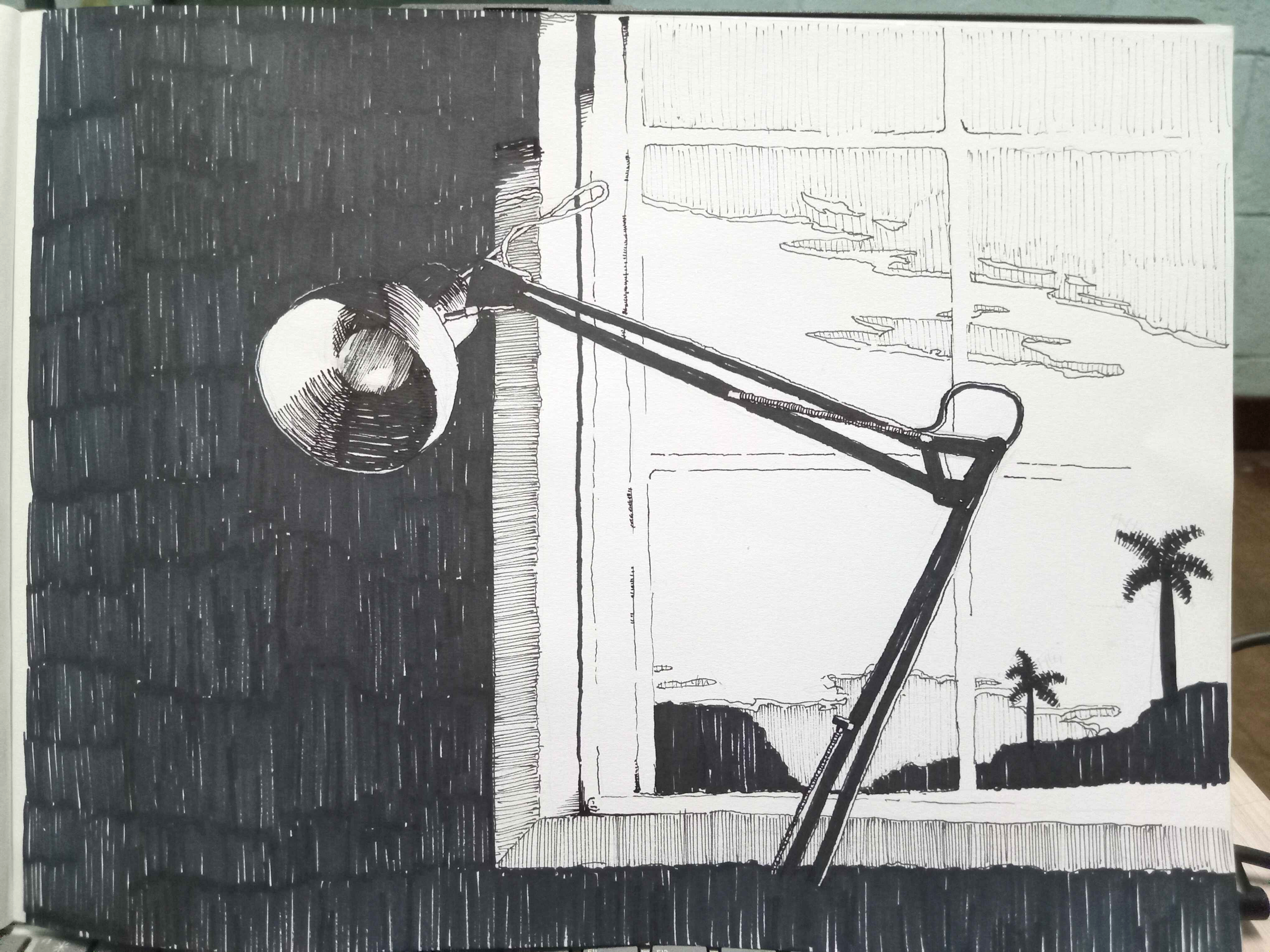 absurdres desk_lamp graphite_(medium) greyscale highres lamp machuuu68 monochrome no_humans original palm_tree rain traditional_media tree window