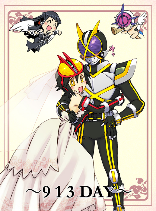 2boys 2girls belt black_hair chibi dress kamen_rider kamen_rider_555 kamen_rider_delta kamen_rider_faiz kamen_rider_kaixa kamen_rider_psyga multiple_boys multiple_girls wedding_dress yellow_eyes