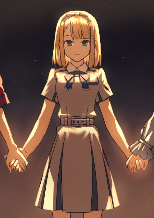 22/7 3girls asymmetrical_bangs belt black_background blonde_hair blue_bow blue_bowtie bow bow_hairband bowtie closed_mouth collared_dress dress green_eyes grey_belt grey_dress hair_bow hairband holding_hands looking_at_viewer medium_hair multiple_girls nagareboshi pleated_dress saito_nicole short_sleeves solo_focus standing white_bow white_hairband